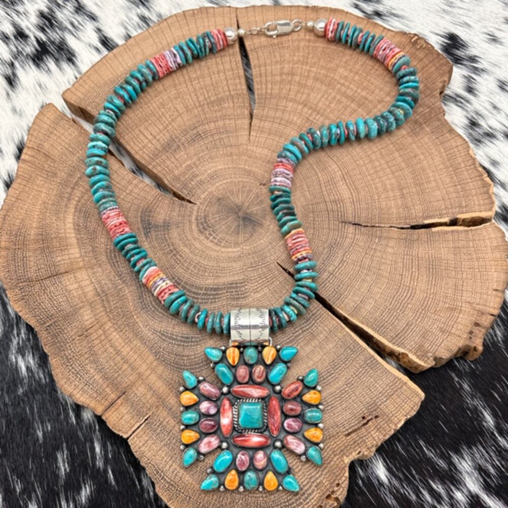 2000s Native American NAVAJO Sterling Spiny Oyster & Turquoise Pendant Necklace